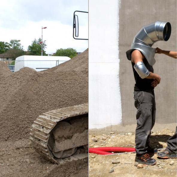 Recadrée. Porte-Image, Guillaume, Chantier Giraud BTP, Borderouge Nord, Toulouse 2013. affiche dos bleu 200 x 100 cm. Alain Bernardini, production BBB centre d’art /  commande publique photographique - CNAP